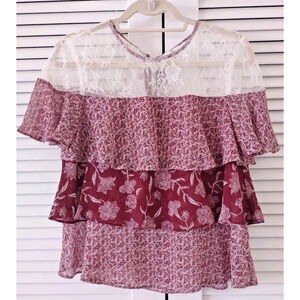 Ruffle Boho Top Sz M Flowy Tiered Layered Beaded Tied Neckline Blouse